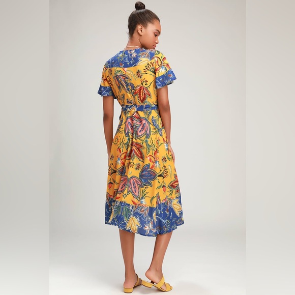 Lulus Atlantis Blue & Yellow Print Wrap Midi Dress - Picture 2 of 9